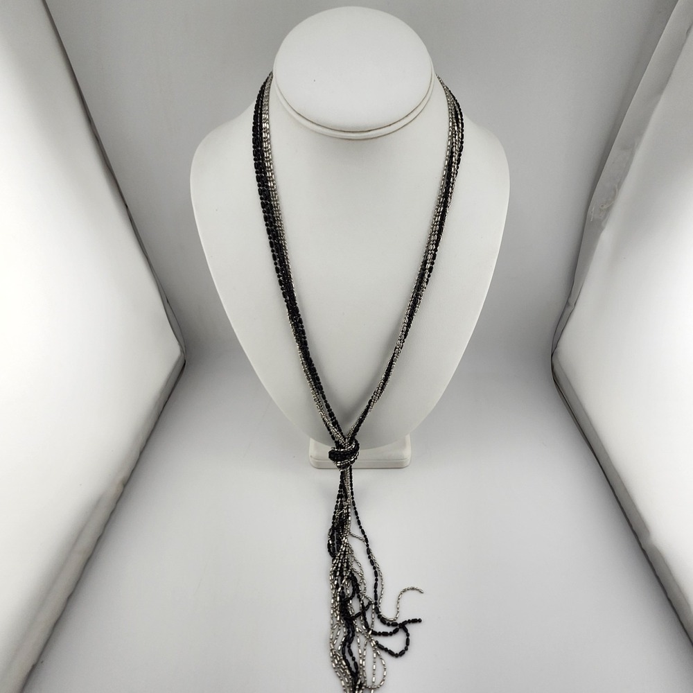 Black‎ And Silver Tone Y Drop Tassel Bolo Style Multistrand Necklace